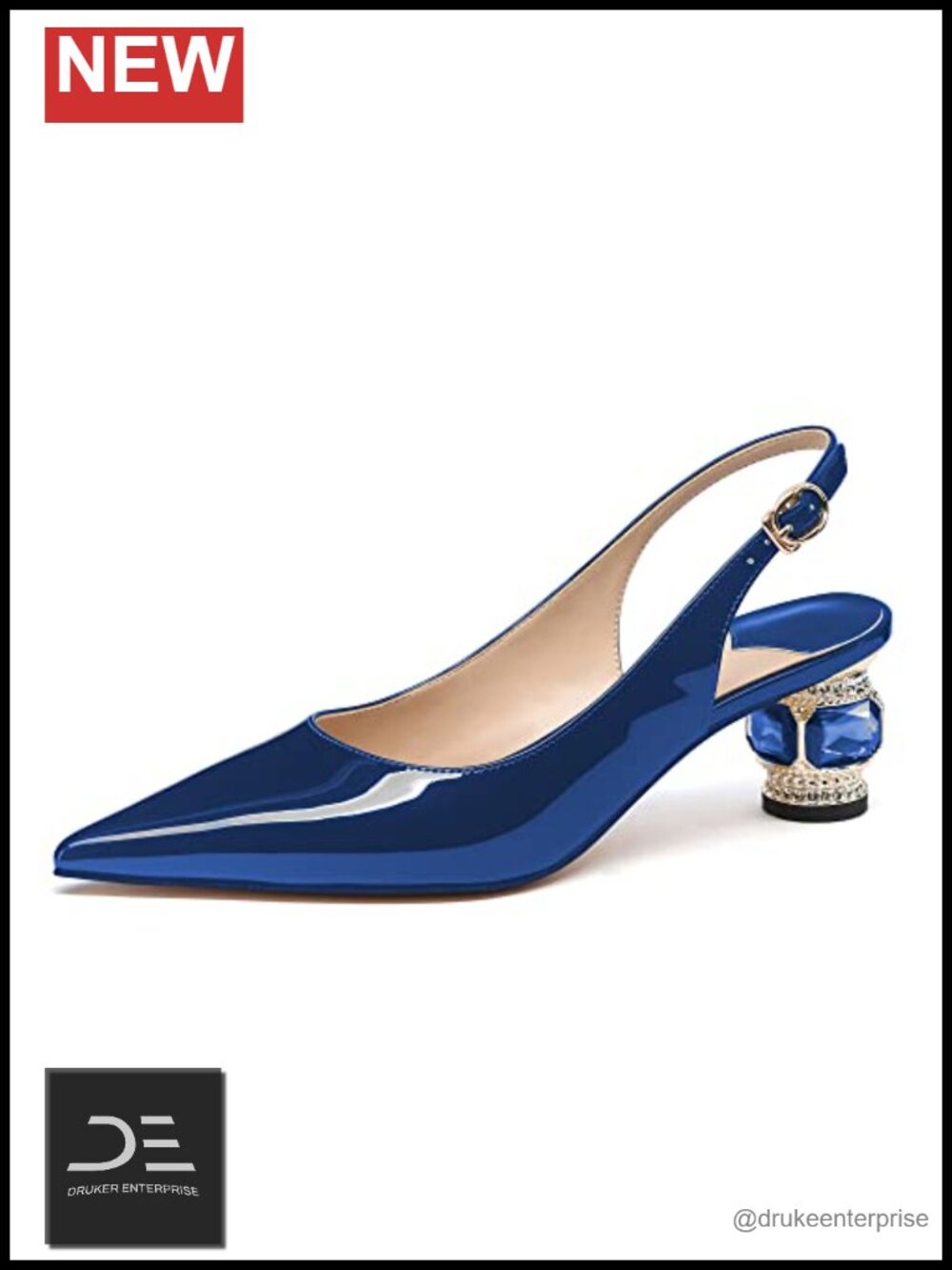 Rhinestone Crystal Block Heels Pointed Toe Gradient Patent Leather Slip On